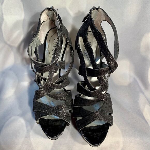 GUESS PEWTER METALLIC HIGH HEEL SANDALS SIZE 8M - Picture 3 of 7